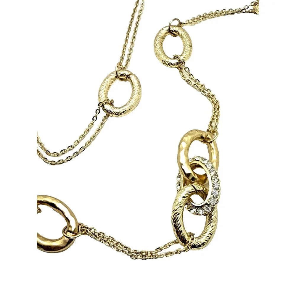 New Alfani Rhinestone Gold Tone Station Necklace Oval Textured Links 42” NWT